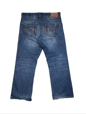 Wrangler Rock 47 Jeans Mens 36x30 Blue Boot Cut Denim Thick Stitch Distressed